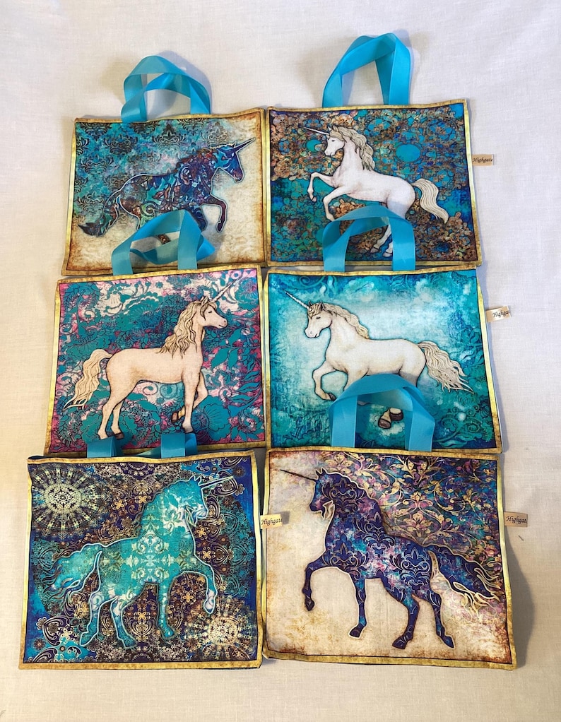 Handmade Unicorn Gift Bags, Eco-friendly, reusable fabric bags with handles, Birthday gifts, Storage bags, unicorn bags, Handmade in the UK. image 1