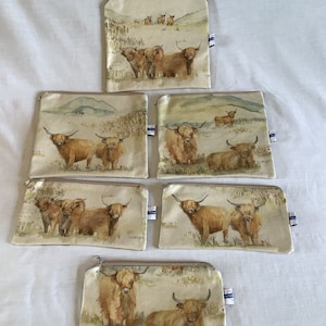 Highland Cows PVC pouches, pencil case, makeup bags, novelty bags, designer bags. Hand made in the UK