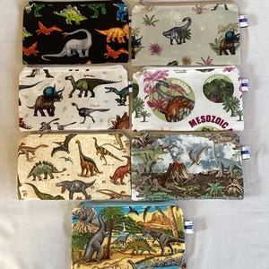 Dinosaur Pencil/Makeup flat Pouches Collection: Dinosaur bags, stocking fillers, Christmas gifts, Jurassic Bags, Handmade in the UK.
