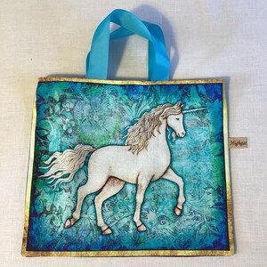Handmade Unicorn Gift Bags, Eco-friendly, reusable fabric bags with handles, Birthday gifts, Storage bags, unicorn bags, Handmade in the UK. Unicorn E