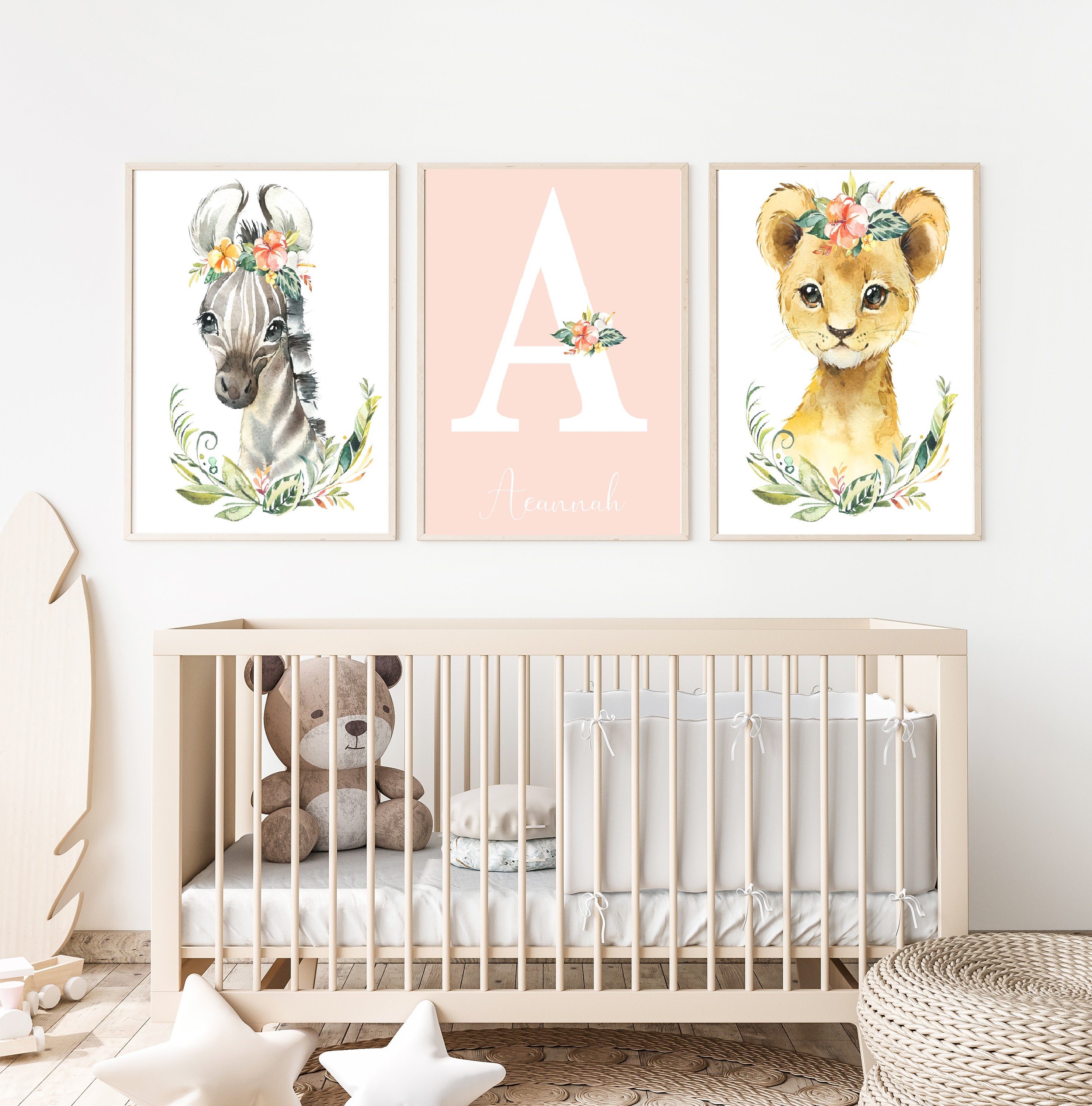 Set of 3 Safari Floral Animals, Nursery Prints, Nursery Decor, Girls