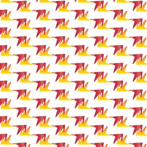 K&ouml;nnte beinhalten: Ein nahtloses Muster mit einem sich wiederholenden Design aus roten und gelben abstrakten Formen, die an Blitze erinnern. Die Formen sind diagonal auf einem wei&szlig;en Hintergrund angeordnet.