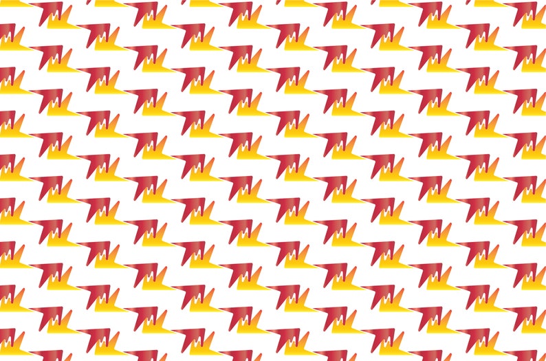 K&ouml;nnte beinhalten: Ein nahtloses Muster mit einem sich wiederholenden Design aus roten und gelben abstrakten Formen, die an Blitze erinnern. Die Formen sind diagonal auf einem wei&szlig;en Hintergrund angeordnet.