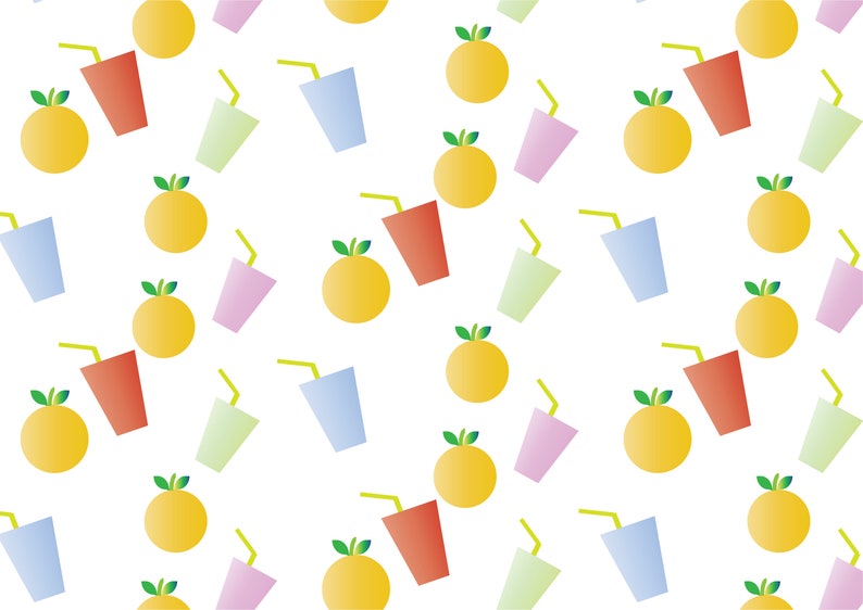 May include: A seamless pattern featuring orange slices and colourful cups with straws. The background is white.