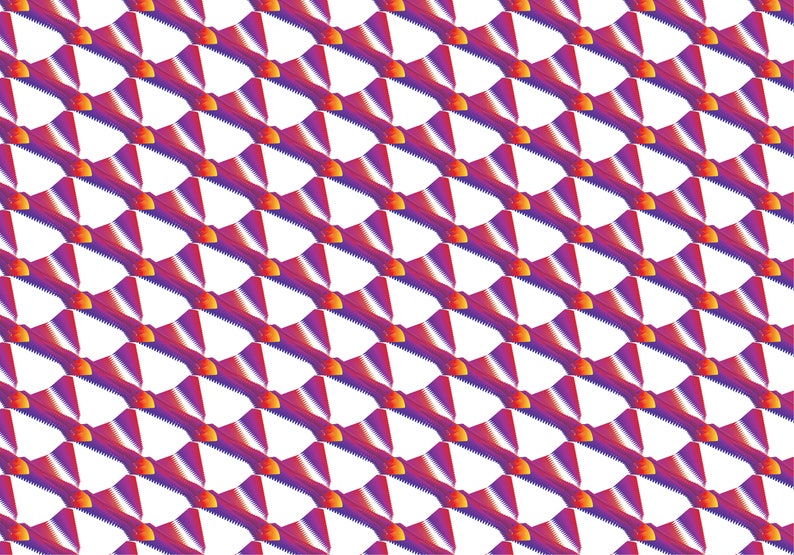 K&ouml;nnte beinhalten: Ein sich wiederholendes Muster aus abstrakten Formen in Rosa-, Lila- und Oranget&ouml;nen. Die Formen sind diagonal angeordnet und erzeugen so ein Gef&uuml;hl von Bewegung und Energie.