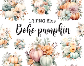 May include: Twelve digital illustrations of watercolor pumpkins with floral arrangements. The pumpkins are in various colors, including orange, white, and green. The flowers are in shades of pink, white, and blue. The text "12 PNG files Boho pumpkin" is in the center of the image.