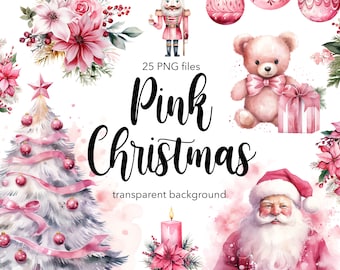 Pink Santa, Pink Christmas clipart, Christmas digital design, Holiday clipart, Cute Christmas PNG bundle, Watercolor Christmas sublimation