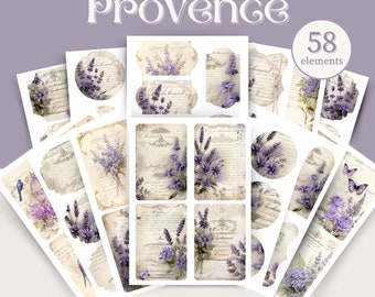 Junk journal printable sheets, Vintage style tags, Provence themed scrapbook elements, Printable tags, Lavender design ephemera embelishment