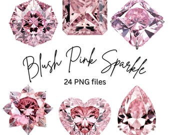 Blush Pink Gemstone Clipart Bundle PNG, Sparkle Rhinestone Overlays, Luxury Gemstone Clipart, Wedding Jewelry Crystals, 24 Glitter gems