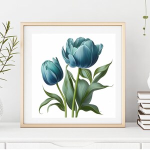 Puede incluir: Una impresi&oacute;n enmarcada de dos tulipes azules con hojas verdes sobre un fondo blanco.