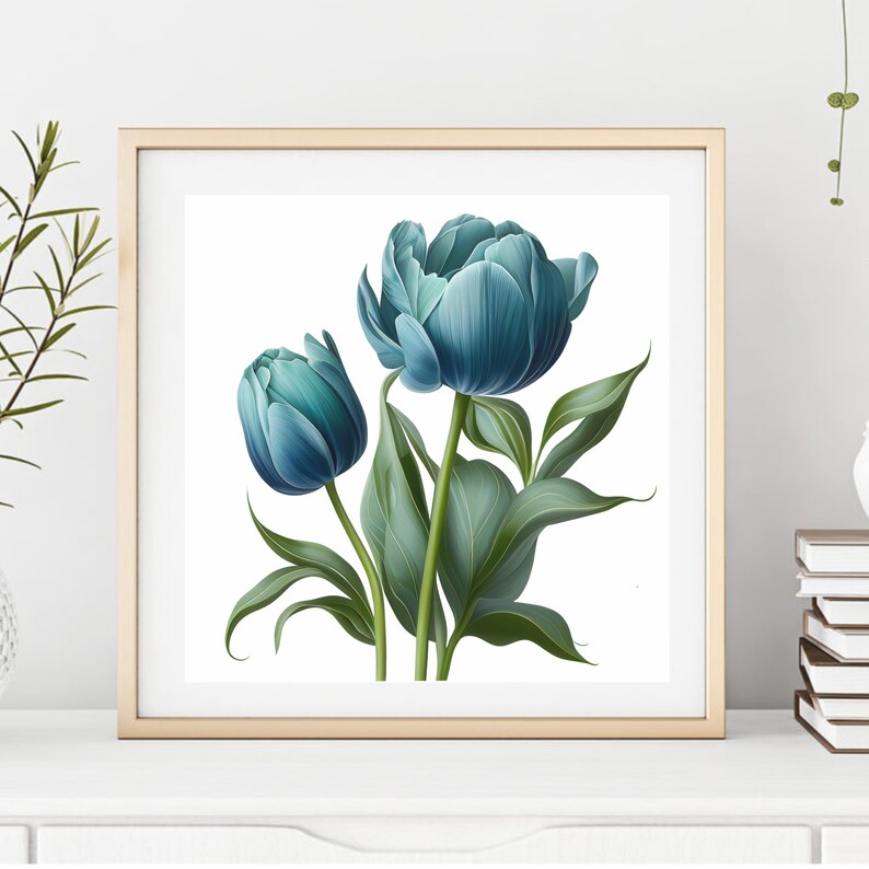 Puede incluir: Una impresi&oacute;n enmarcada de dos tulipes azules con hojas verdes sobre un fondo blanco.