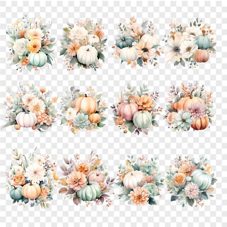 Boho Pumpkin Bouquets Watercolor Clipart, Fall Clipart Digital Download ...