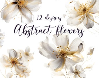 Abstract flowers clipart, White gold flower art JPG, Gilded flowers wall art, Flowers print, Printable wall art, Digital floral art bundle