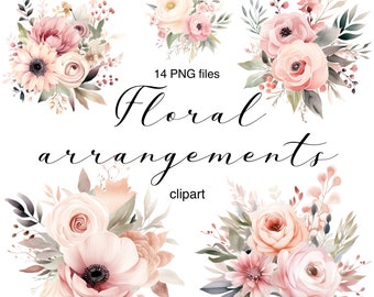 Clipart floral rose poudré, compositions florales, fleurs de mariage, aquarelle fleurs PNG clipart, clipart nuptiale de douche, fleurs pastel