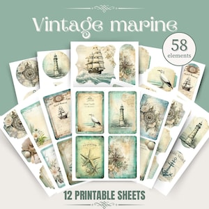 Junk journal printable sheets, Vintage style tags, Nautical themed scrapbook elements, Printable tags, Marine design ephemera embellishment