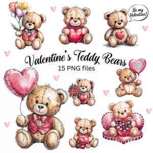 Valentine’s Day Teddy Bear clipart bundle, Cute Teddy Bear PNG, Watercolor Teddy Bear images, Valentine’s Day sublimation design