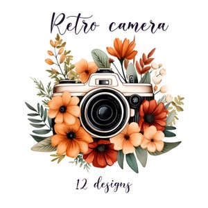 Może przedstawiać: Winietkowy aparat fotograficzny otoczony pomarańczowymi, czerwonymi i zielonymi kwiatami akwarelowymi. Tekst "Retro camera" i "12 designs" jest napisany pod obrazkiem.