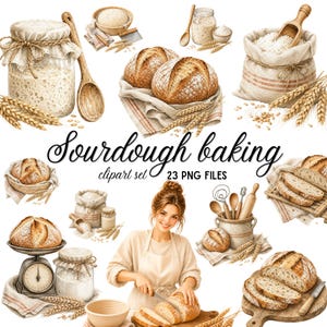 May include: A digital collection of sourdough baking illustrations featuring loaves of bread, flour sacks, glass jars with starter, wheat stalks, kitchen tools, and a person slicing bread, with the text Sourdough baking clipart set 23 PNG files.