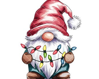 Gnomo navideño clipart, Gnomo con luces navideñas, Sublimación de gnomo navideño, Gnomo navideño PNG, descarga instantánea