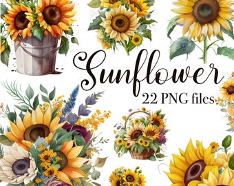 May include: A set of 22 digital illustrations of sunflowers in various arrangements. The illustrations feature sunflowers in different colours, sizes, and arrangements, including bouquets, single flowers, and sunflowers in a bucket. The illustrations are perfect for creating digital designs, scrapbooking, and other creative projects.