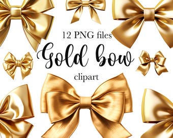 Gold bow clipart bundle, Gold bow PNG, Bow Sublimation design, Gold bow images, Gold clipart, 12 gold metallic bows, transparent background