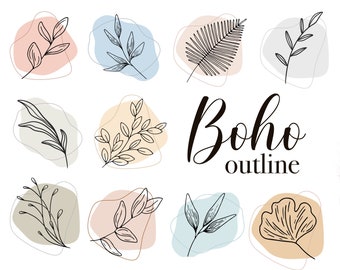 Boho outline clipart, Boho botanical clipart, Modern boho shapes, Boho PNG, Minimalist design elements, Pastel clipart