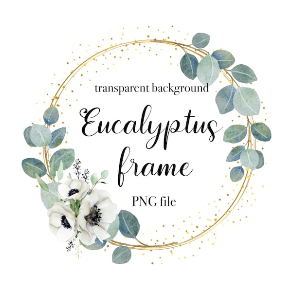 Eucalyptus PNG, Eucalyptus gold frame PNG, Eucalyptus wreath PNG, Botanical clipart, Floral frame, Watercolor eucalyptus circle frame