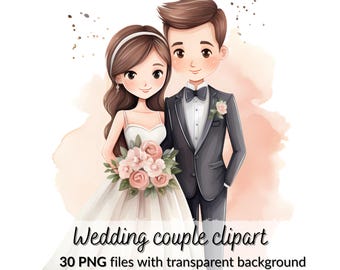 Cute Bride and Groom clipart, Cute Wedding couple clipart, Bride and Groom cartoon style, Whimsical wedding illustrations, Wedding clipart