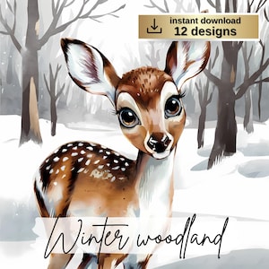 Winter woodland clipart, Woodland animals, Watercolor winter clipart, 12 JPG files instant download