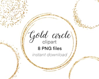 Gold foil glitter circle logo clipart, Logo template design elements, Gold circle frame overlay, Photoshop overlay, PNG instant download