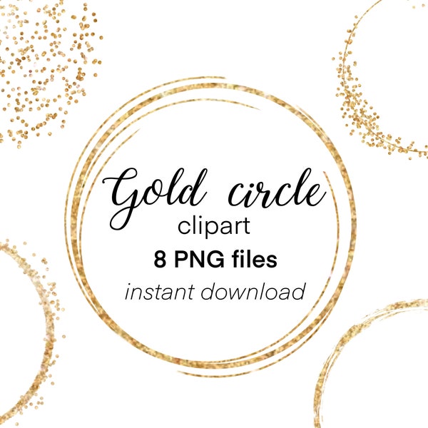 Gold foil glitter circle logo clipart, Logo template design elements, Gold circle frame overlay, Photoshop overlay, PNG instant download