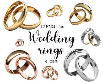 Wedding rings clipart, Gold rings PNG, Wedding sublimation design, Wedding photo overlay, Bundle of 12 designs, Transparent background