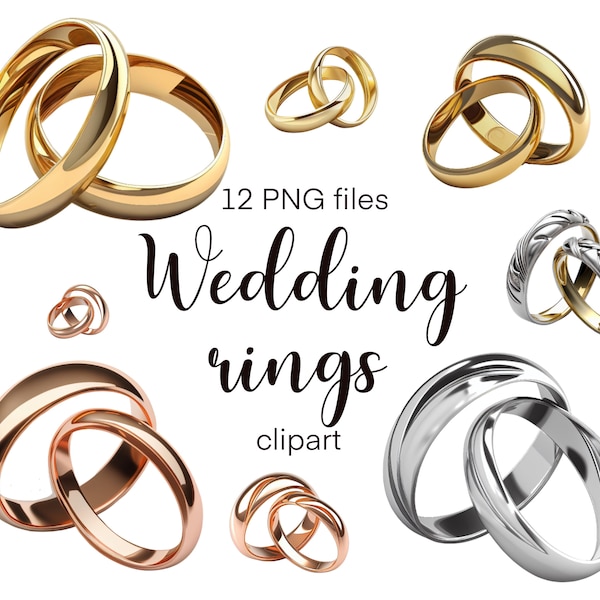 Wedding rings clipart, Gold rings PNG, Wedding sublimation design, Wedding photo overlay, Bundle of 12 designs, Transparent background