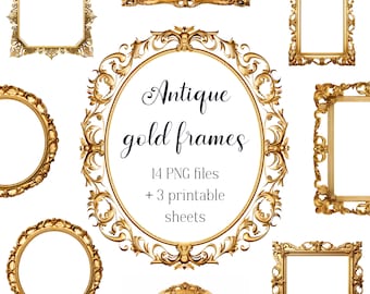 Gold frame clipart, Gold frame PNG, Metallic golden frames, Gold border frame, Antique gold frames, Photo overlay PNG, Wedding frame