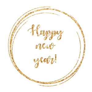 Pu&ograve; includere: Una cornice circolare dorata con glitter con il testo "Happy new year!" all'interno.