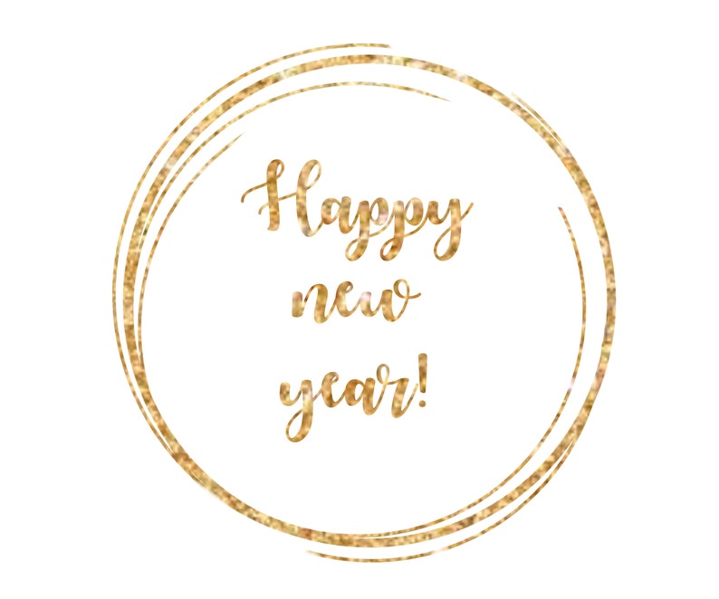 Pu&ograve; includere: Una cornice circolare dorata con glitter con il testo "Happy new year!" all'interno.