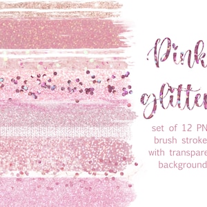 Puede incluir: Conjunto de 12 trazos de pincel de purpurina rosa con fondo transparente.  Trazos de pincel de purpurina rosa PNG para descargar digitalmente.