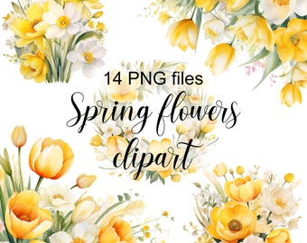 Watercolor spring floral clipart, White and yellow flowers, Flowers PNG, Instant download, Spring sublimation design, Floral clipart bundle