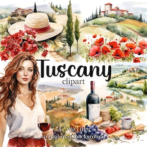 Tuscany clipart bundle, Watercolor Tuscany clipart, Italian sublimation design, Junk journal ephemera, Digital stickers, Tuscany images