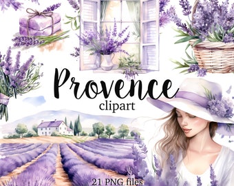 Provence clipart-paket, Akvarell lavendel clipart, Lavendel sublimeringsdesign, Skräpjournal ephemera, Digitala klistermärken, Provence-bilder