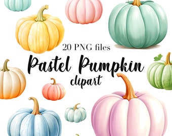 Op de afbeelding: 20 PNG-bestanden met pastelkleurige pompoenen in verschillende tinten blauw, groen, roze, geel en wit.  Pastel Pumpkin clipart.