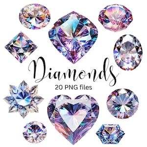 Diamonds Clipart Bundle PNG, Sparkle Diamond Overlays, Luxury Gemstone Clipart, Wedding Jewelry Crystals, 20 Glitter gems images
