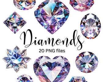 Diamanten Clipart Bundle PNG, Glitzer Diamant Überlagerungen, Luxus Edelstein Clipart, Hochzeits Schmuck Kristalle, 20 Glitzer Edelsteine Bilder