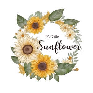 Sunflower PNG, Sunflower frame PNG, Sunflower wreath PNG, Botanical clipart, Floral frame, Watercolor sunflower circle frame