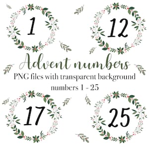 Fichiers PNG de numéros de l'Avent de Noël, calendrier de l'Avent bricolage, numéros 1-25 dans une couronne de Noël, téléchargement immédiat