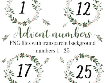 Weihnachten Adventszahlen PNG Dateien, DIY Adventskalender, Zahlen 1-25 im Adventskranz, Sofort download