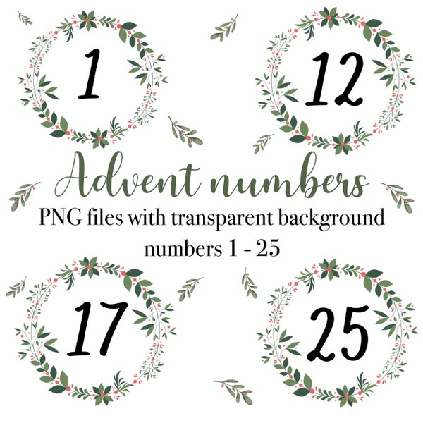 Weihnachten Adventszahlen PNG Dateien, DIY Adventskalender, Zahlen 1-25 im Adventskranz, Sofort download