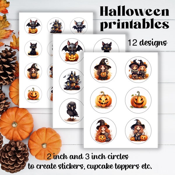 Halloween printable circle tag, Halloween cupcake toppers, Halloween printable stickers, Halloween party decor, Halloween DIY