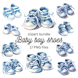以下が含まれることがあります： 様々なスタイルの男の子用ベビーシューズの水彩画クリップアートバンドル。スニーカーやメリージェーンなど。靴は白の靴紐とアクセントが付いた水色です。「Baby boy shoes」と「17 PNG files」の文字も含まれています。