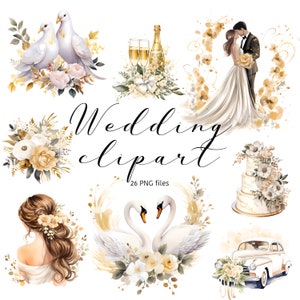Puede incluir: Un conjunto de 26 imágenes de clipart de boda en formato PNG. Las imágenes incluyen una novia y un novio, un pastel de boda, cisnes, palomas, copas de champán, flores y un coche vintage. Las imágenes están en un estilo de acuarela con acentos dorados.